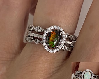 Parure de bagues Art déco en opale noire : halo en argent sterling, bague de fiançailles