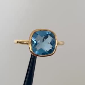Blue Topaz Ring Gold, Cushion Cut, Gold Vermeil Ring, 9mm, bezel set