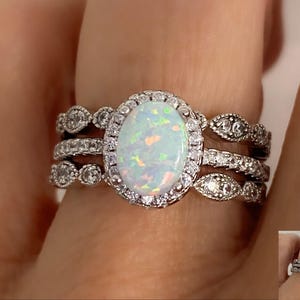 Vintage Style Opal Engagement Ring Set: Art Deco Sterling Silver Halo Ring