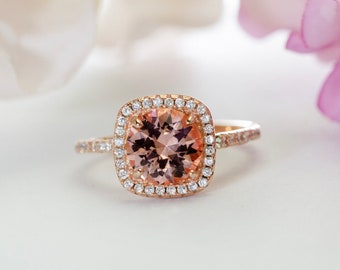 Bague halo de morganite en or rose : cz coussinet, argent sterling