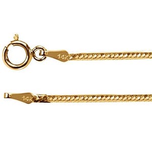 May include: A gold chain necklace with a 10K stamp on the clasp. The chain is a flat, braided design.