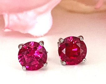 Ruby Earrings, July Birthstone Earrings, Ruby Stud Earrings, Birthstone Earrings Sterling Silver Ruby CZ Earrings Round 4mm, 6mm  Studs