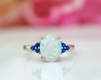 Sapphire Opal Ring Sterling Silver, White Fire Opal Blue Sapphire Ring, Opal Ring, Oval Cut White Opal Ring, October Birthstone Ring