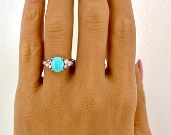 Blue Opal Ring, Opal ring with cz side stones, Oval opal ring, sterling silver, Size 7