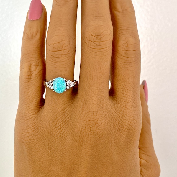 Blue Opal Ring, Opal ring with cz side stones, Oval opal ring, sterling silver