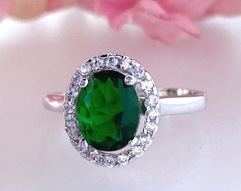 Emerald Ring, Halo, Oval, Sterling Silver, 925, 9x7mm, Cubic Zirconia Emerald, may birthday,  Size 8