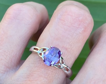 Bague améthyste ovale CZ : argent sterling, pierre de naissance de février