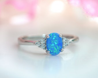 Blue Lab Created Fire Opal Ring: Sterling Silver, Diamond CZ Accents