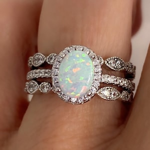Opal Oval Engagement Ring Set Solid 925 Sterling Silver Vintage Style, Fire Opal Ring, Halo Ring
