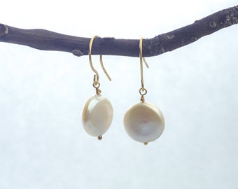 Pearl Earrings, Coin Pearl Earrings Dangle Gold Filled or Sterling Silver,  White Pearl Earrings, Coin Pearl Earrings