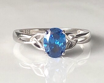 Bague CZ bleue, ovale, argent sterling, 8 x 6 mm
