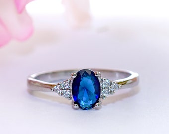 Oval Blue Sapphire Ring: Sterling Silver CZ Accent, Promise Ring