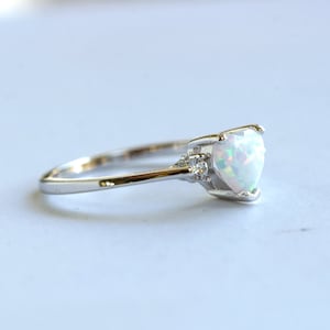 White Fire Opal Heart Ring: Sterling Silver plated with rhodium, CZ Side Stones image 5