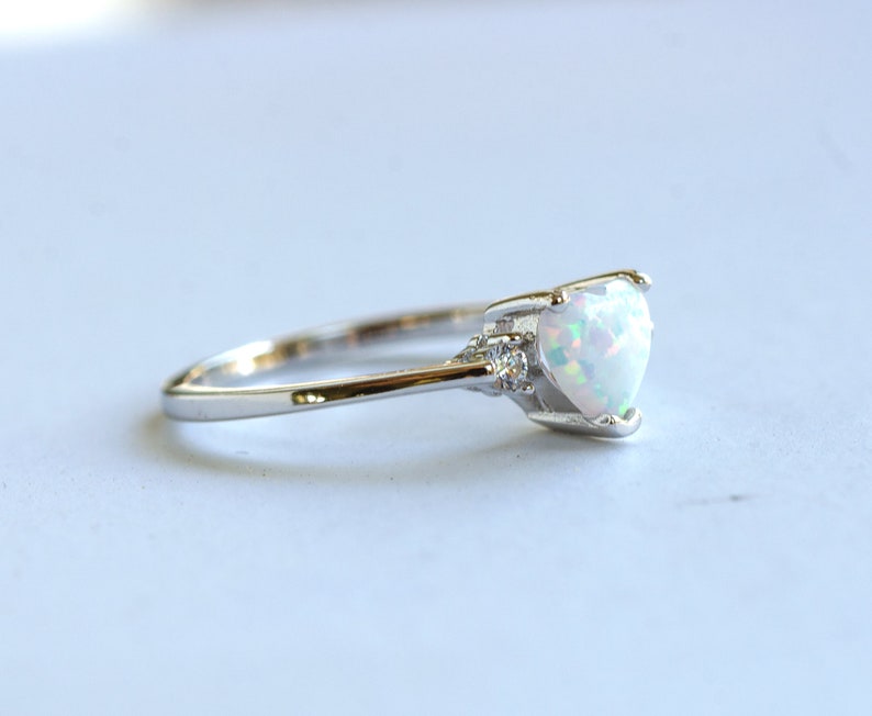 White Fire Opal Heart Ring: Sterling Silver plated with rhodium, CZ Side Stones image 5
