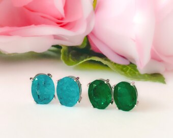 emerald green or Pariba blue crystal doublet earrings stud, Oval, may birthstone, December birthstone