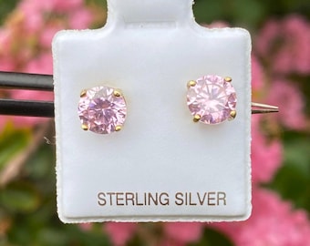 Puces d'oreilles rondes en or avec pierre de naissance rose d'octobre : argent sterling de 6 mm plaqué or