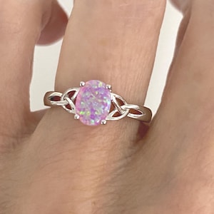 Pink Lab-Created Opal Celtic Ring: Sterling Silver, October Birthstone