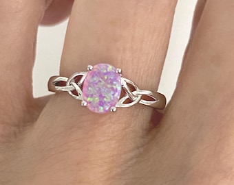 Pink Lab-Created Opal Celtic Ring: Sterling Silver, October Birthstone