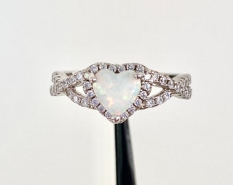 Heart Opal Ring: Sterling Silver Halo Ring with CZ - Size 6