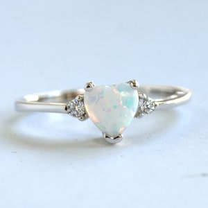 White Fire Opal Heart Ring: Sterling Silver plated with rhodium, CZ Side Stones image 2