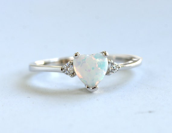 White Fire Opal Ring Heart Shaped Opal Ring Opal Ring Sterling Silver Heart Shaped Ring Opal Cz Ring Diamond Simulant Silver Opal Ring