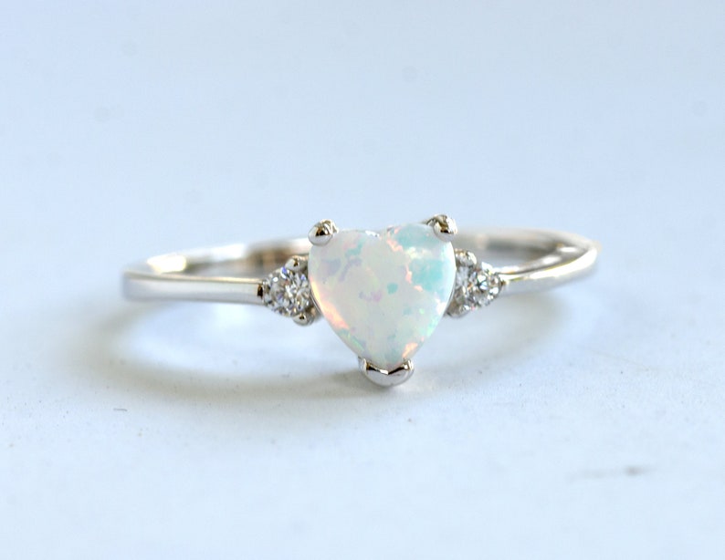 White Fire Opal Heart Ring: Sterling Silver plated with rhodium, CZ Side Stones image 2