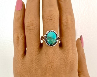 Turquoise Ring, Boho Ring, Oval, Genuine Turquoise, Sterling Silver, Size 9