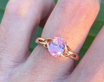Pink Oval CZ, Rose gold plated ring, celtic, 8x6mm. Sterling silver.