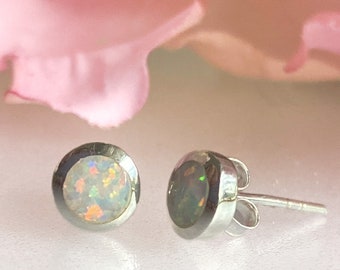 Opal Earrings, White Fire Opal Earrings Round Stud Sterling Silver, October Birthstone Earrings, Bridesmaid Earrings, Opal Jewelry,
