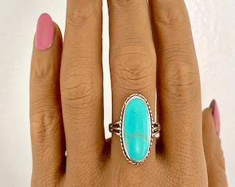 Bague turquoise, bague bohème, ovale, pierre synthétique,