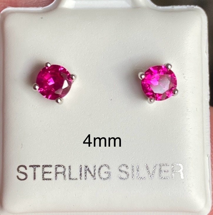 Boucles D'Oreilles Argent Sterling Avec Rubis De Naissance (Juillet) Et Cubic Zirconia - 4mm