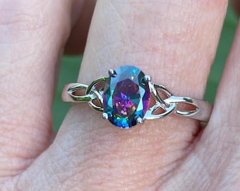 Rainbow Topaz CZ Ring, Oval, Sterling Silver, 8x6mm