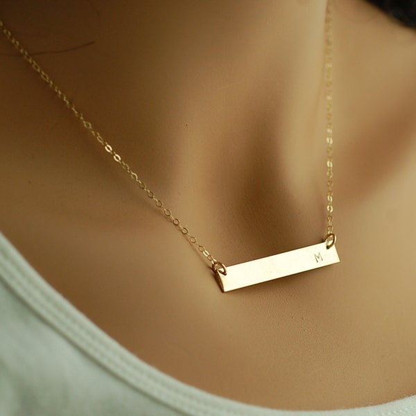 14kt Gold BAR Necklace Engraved Name Initial | Gold Bar Necklace 14K, Gold Name Bar Necklace, Gold Fill Sterling Silver