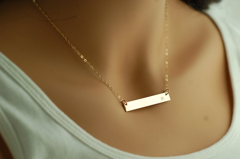 14kt Gold BAR Necklace Engraved Name Initial Gold Bar Necklace 14K, Gold Name Bar Necklace, Gold Fill Sterling Silver image 1