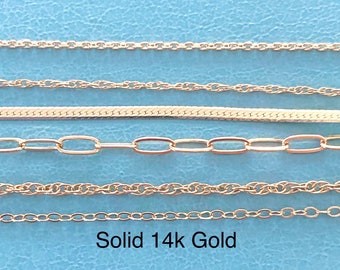 Collier chaîne en or 14 carats : corde, chevrons, câble, trombone