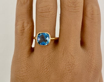 Blue Topaz Ring Gold, Cushion Cut, Gold Vermeil Ring, 9mm, bezel set