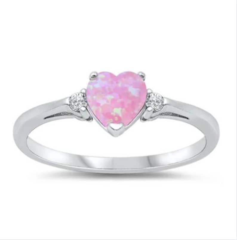 White Fire Opal Heart Ring: Sterling Silver plated with rhodium, CZ Side Stones image 6