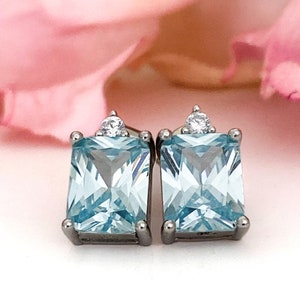 Blue Topaz Earrings, Blue earrings CZ Rectangle Sterling Silver, December Birthstone Jewelry, December birthstone jewlery