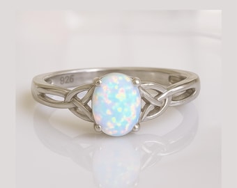 Celtic Knot Opal Ring: Sterling Silver, October Birthstone