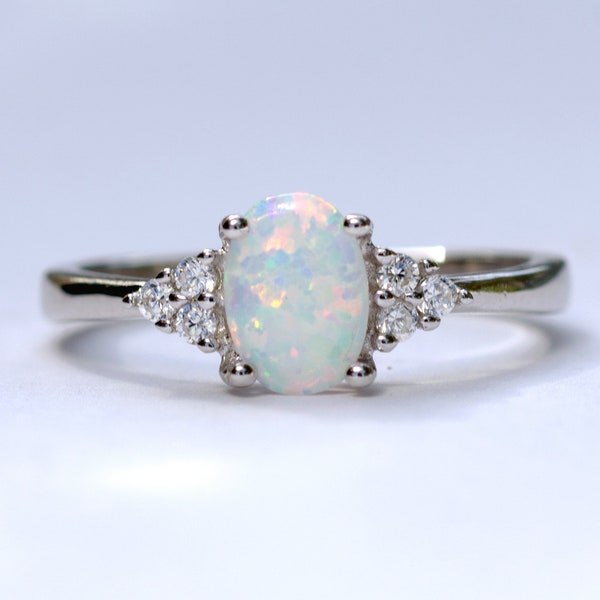 White Opal Ring, White Fire Opal Ring, Oval Opal Ring, Promise Ring, Opal Engagement Ring, Opal and Diamond CZ Ring