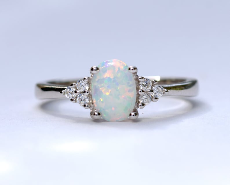 White Opal Ring, White Fire Opal Ring, Oval Opal Ring, Promise Ring, Opal Engagement Ring, Opal and Diamond CZ Ring 