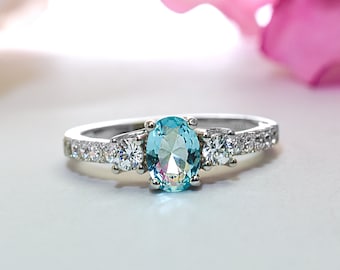 Aquamarine Ring Sterling Silver Oval Stone Simulated Diamond Accents, Aquamarine Birthstone Ring, Promise Ring, Engagement Ring