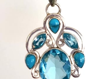 Vintage silver turquoise and blue topaz pendant, 925 silver, 1.5” long