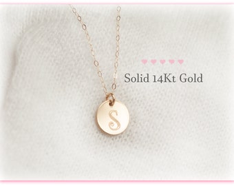 14kt Gold Initial Disc Necklace: Personalized Charm Pendant
