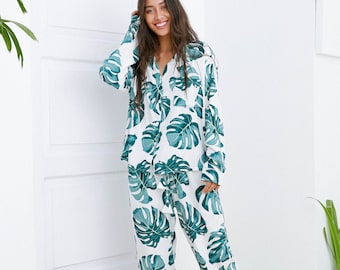 Maggie Long Pajama Set - Panama Palm Leaf - Code P043 (b) / P005 (c)
