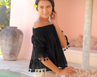 Mimi Top - Boho Top - Black Cotton Tassel - Off Shoulder Top
