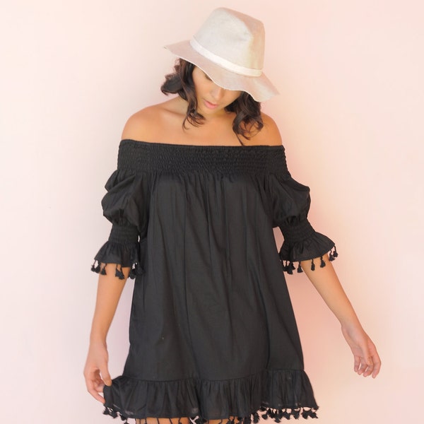 Mimi Summer Dress - Boho Dress - Black Cotton Tassel - Off Shoulder Dress - Code: KH006 (A)