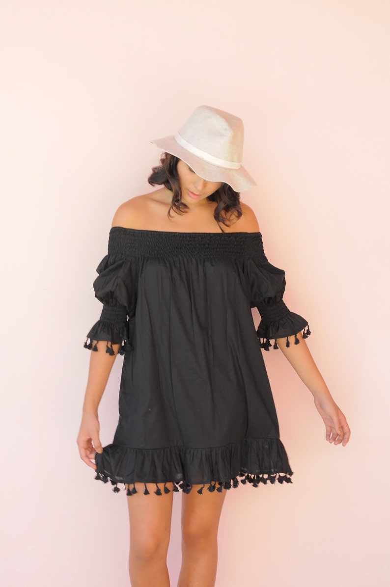 Mimi Summer Dress - Boho Dress - Black Cotton Tassel - Off Shoulder Dress - Code: KH006 (A)