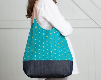 NEW! Oceans NW Tote, Teal / Olive Shapes Linen Convertible Hobo Tote Bag with Leather Bottom & Handles, Shoulder Bag, Market Tote Bag