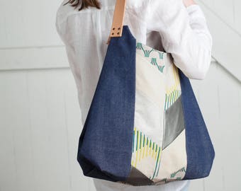 NEW! Twilight NW Tote, Handpieced, Color Blocked, Abstract, Leather, Linen, Denim, Convertible Hobo Bag, Market Tote, Shoulder Bag